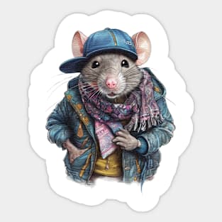 Rat wearing a jacket cap and a scarf Sticker